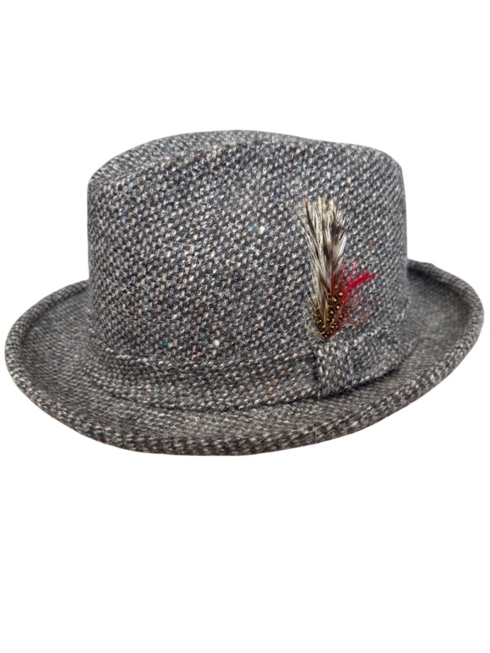 Pendleton Gray Tweed Fedora Hat Feather Wool Classic Design Size 7 1/8 Fall